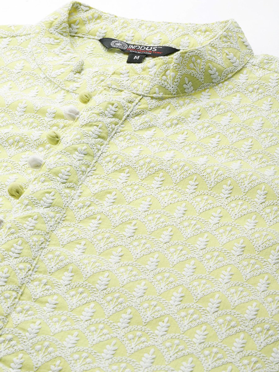 Ethnic Motifs Embroidered Chikankari Pure Cotton Kurta with Trousers - Inddus.com