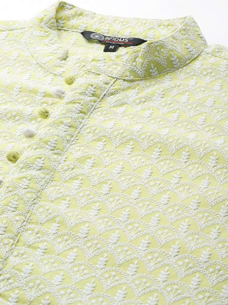 Ethnic Motifs Embroidered Chikankari Pure Cotton Kurta with Trousers - Inddus.com