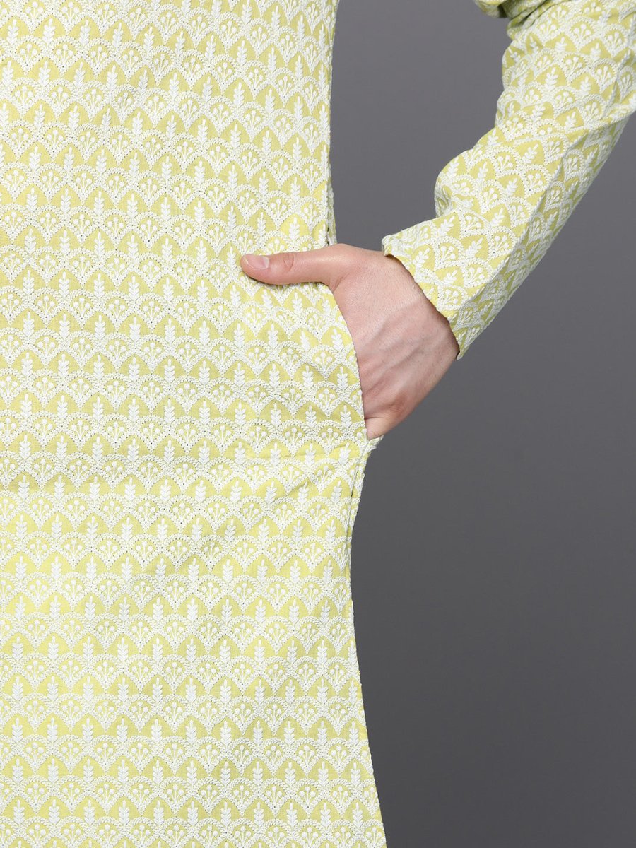 Ethnic Motifs Embroidered Chikankari Pure Cotton Kurta with Trousers - Inddus.com
