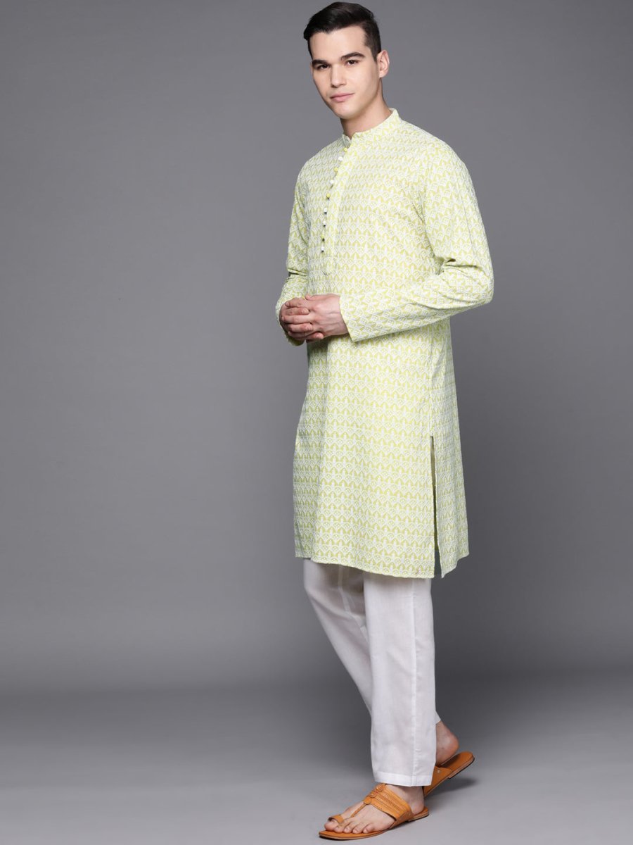 Ethnic Motifs Embroidered Chikankari Pure Cotton Kurta with Trousers - Inddus.com