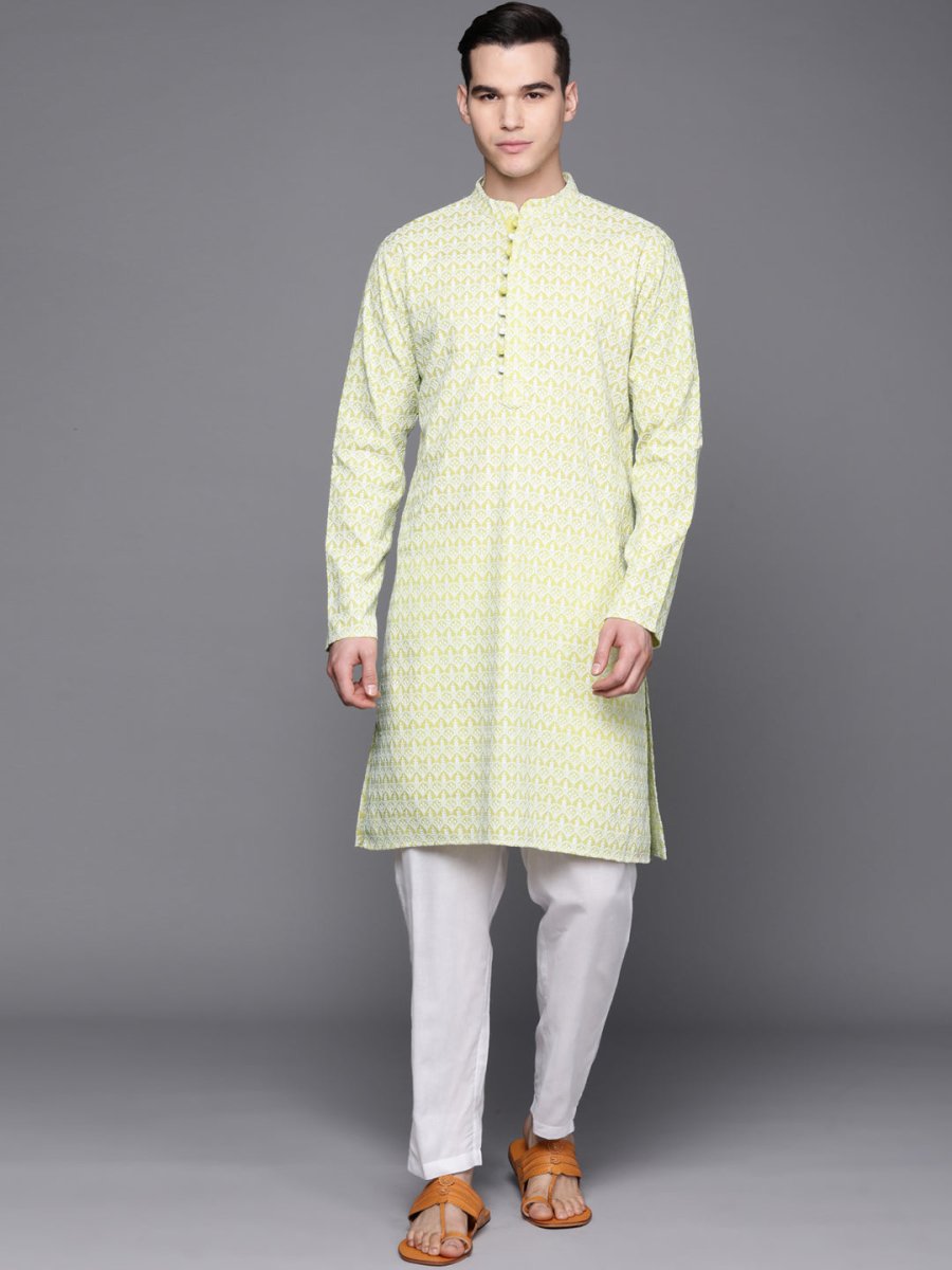 Ethnic Motifs Embroidered Chikankari Pure Cotton Kurta with Trousers - Inddus.com