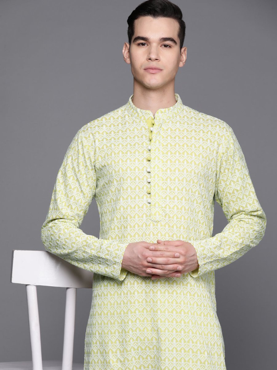 Ethnic Motifs Embroidered Chikankari Pure Cotton Kurta with Trousers - Inddus.com