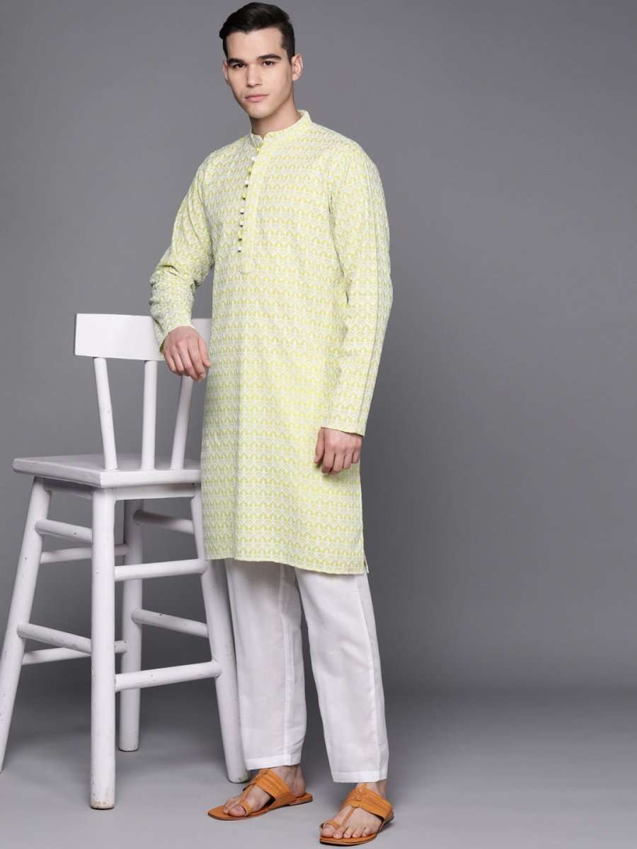 Ethnic Motifs Embroidered Chikankari Pure Cotton Kurta with Trousers - Inddus.com