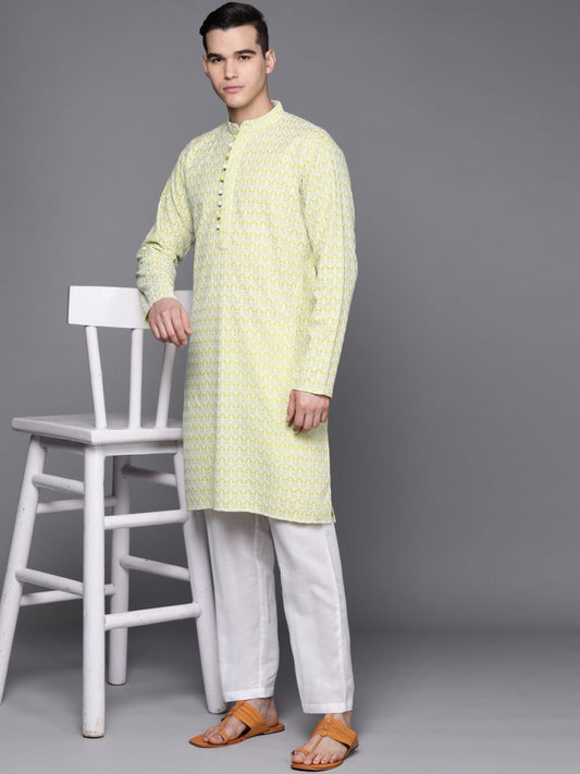 Ethnic Motifs Embroidered Chikankari Pure Cotton Kurta with Trousers - Inddus.com