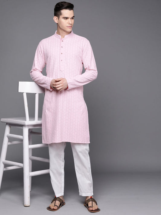 Ethnic Motifs Embroidered Chikankari Pure Cotton Kurta with Trousers - Inddus.com