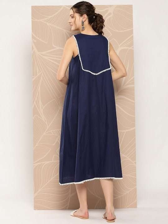 Ethnic Motifs Embroidered Cotton A-Line Midi Dress - Inddus.com