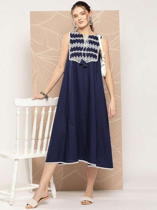 Ethnic Motifs Embroidered Cotton A-Line Midi Dress - Inddus.com