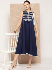 Ethnic Motifs Embroidered Cotton A-Line Midi Dress - Inddus.com