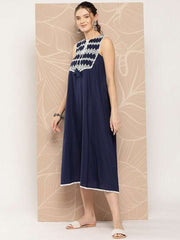 Ethnic Motifs Embroidered Cotton A-Line Midi Dress - Inddus.com