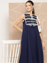 Ethnic Motifs Embroidered Cotton A-Line Midi Dress - Inddus.com