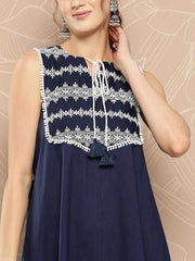 Ethnic Motifs Embroidered Cotton A-Line Midi Dress - Inddus.com