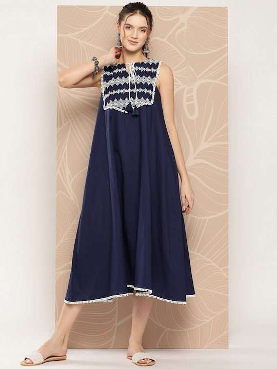 Ethnic Motifs Embroidered Cotton A-Line Midi Dress - Inddus.com