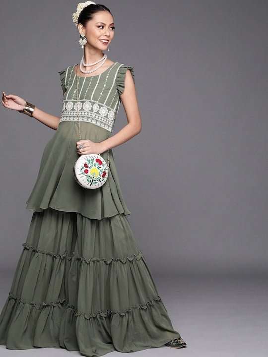 Ethnic Motifs Embroidered Flared Round Neck Kurta with Sharara - Inddus.com