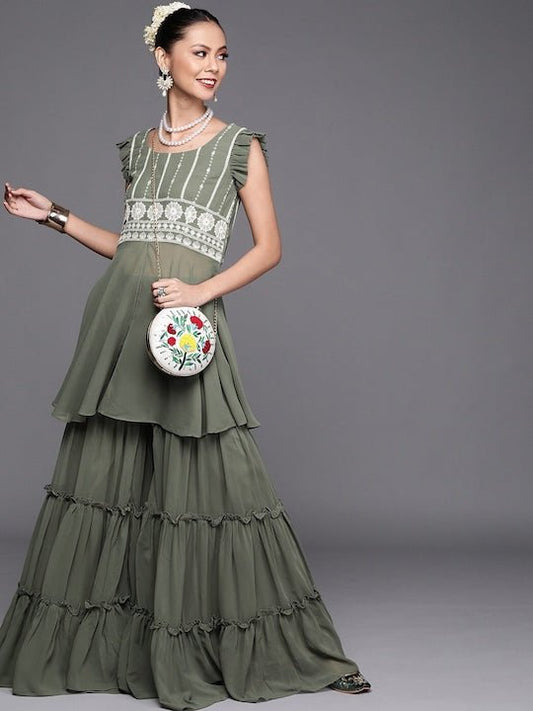 Ethnic Motifs Embroidered Flared Round Neck Kurta with Sharara - Inddus.com