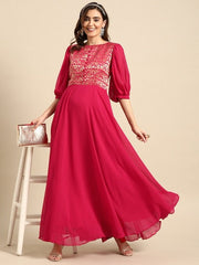 Ethnic Motifs Embroidered Georgette Maxi Dress - Inddus.com
