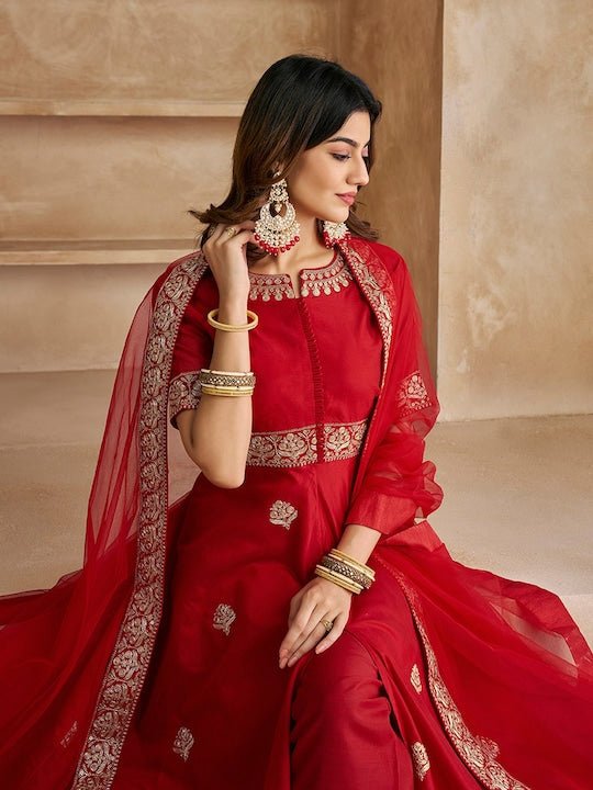 Ethnic Motifs Embroidered High Slit Zari Kurta with Trousers & With Dupatta - Inddus.com