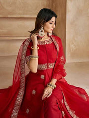 Ethnic Motifs Embroidered High Slit Zari Kurta with Trousers & With Dupatta - Inddus.com