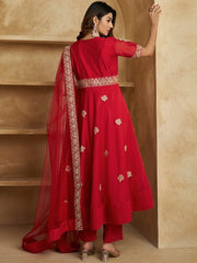 Ethnic Motifs Embroidered High Slit Zari Kurta with Trousers & With Dupatta - Inddus.com