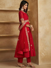 Ethnic Motifs Embroidered High Slit Zari Kurta with Trousers & With Dupatta - Inddus.com