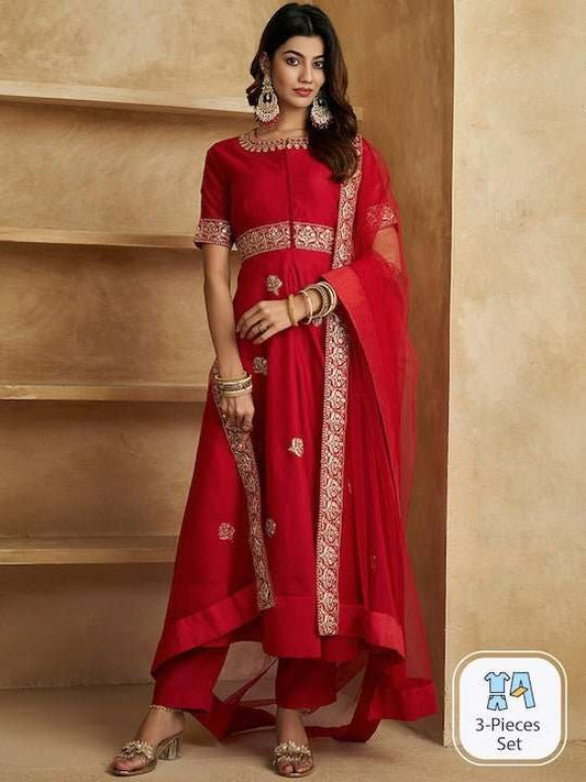 Ethnic Motifs Embroidered High Slit Zari Kurta with Trousers & With Dupatta - Inddus.com