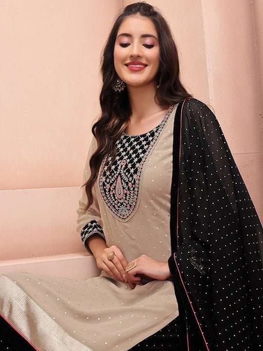 Ethnic Motifs Embroidered Round Neck Kurta & Palazzos with Dupatta - Inddus.com