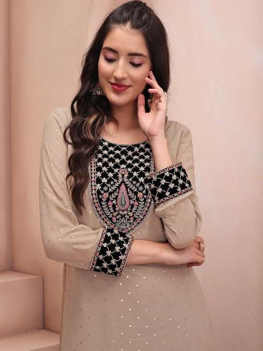 Ethnic Motifs Embroidered Round Neck Kurta & Palazzos with Dupatta - Inddus.com