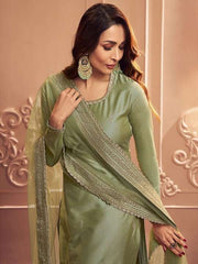 Ethnic Motifs Embroidered Round Neck Long Sleeve Zari Kurta Set With Dupatta - Inddus.com