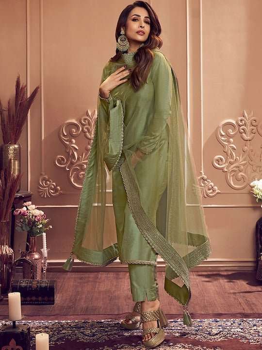 Ethnic Motifs Embroidered Round Neck Long Sleeve Zari Kurta Set With Dupatta - Inddus.com