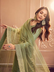 Ethnic Motifs Embroidered Round Neck Long Sleeve Zari Kurta Set With Dupatta - Inddus.com