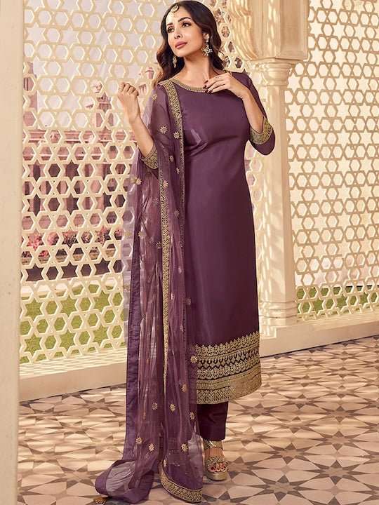 Ethnic Motifs Embroidered Round Neck Zari Kurta Set With Dupatta - Inddus.com