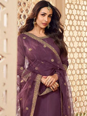 Ethnic Motifs Embroidered Round Neck Zari Kurta Set With Dupatta - Inddus.com