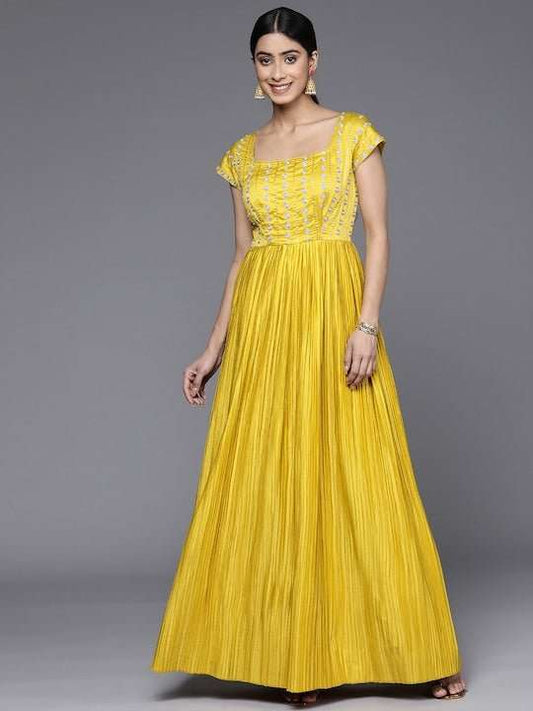 Ethnic Motifs Embroidered Sequinned Satin Ethnic Dress - Inddus.com