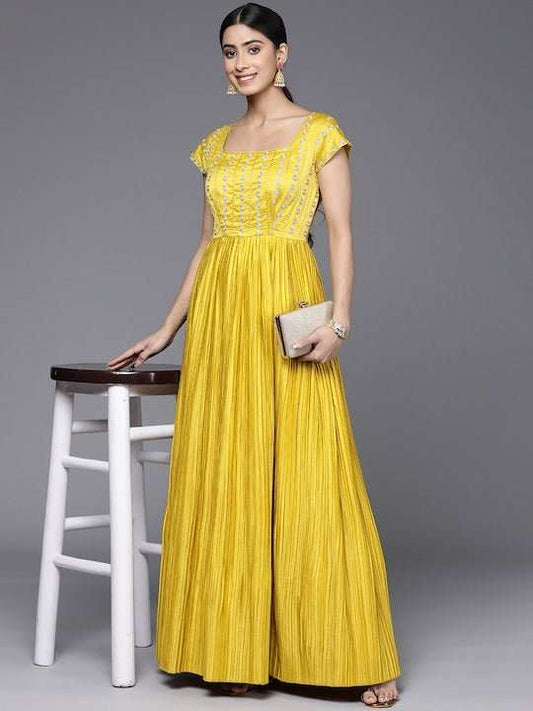 Ethnic Motifs Embroidered Sequinned Satin Ethnic Dress - Inddus.com