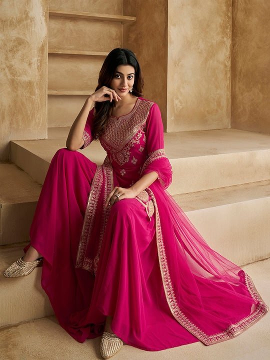 Ethnic Motifs Embroidered Sequinned Scalloped Kurti with Sharara & Dupatta - Inddus.com