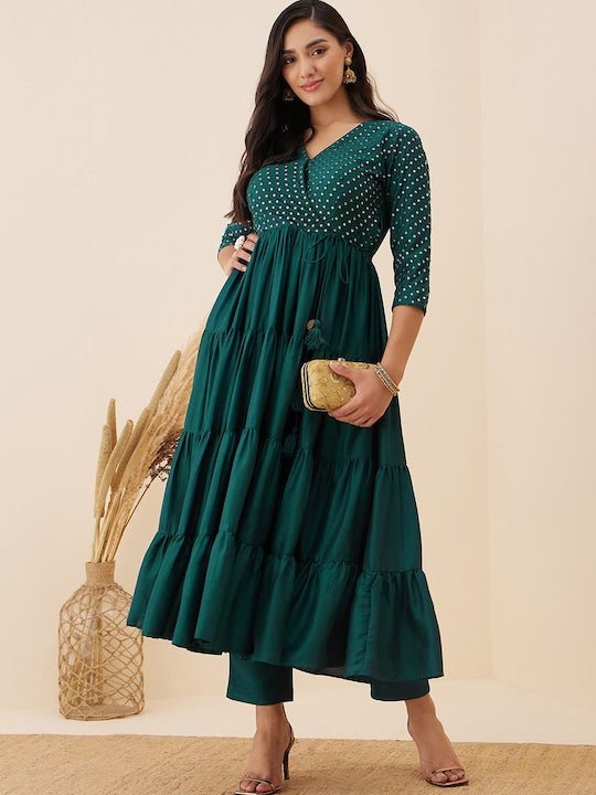Ethnic Motifs Embroidered Tiered Sequinned Anarkali Kurta with Trousers - Inddus.com