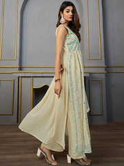 Ethnic Motifs Embroidered V-Neck Thread Work Kurta with Palazzos & With Dupatta - Inddus.com