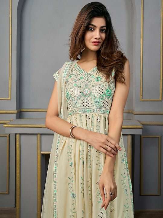 Ethnic Motifs Embroidered V-Neck Thread Work Kurta with Palazzos & With Dupatta - Inddus.com