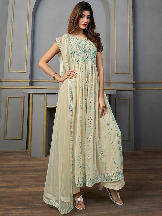 Ethnic Motifs Embroidered V-Neck Thread Work Kurta with Palazzos & With Dupatta - Inddus.com
