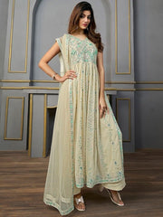 Ethnic Motifs Embroidered V-Neck Thread Work Kurta with Palazzos & With Dupatta - Inddus.com