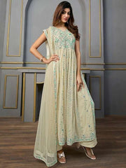 Ethnic Motifs Embroidered V-Neck Thread Work Kurta with Palazzos & With Dupatta - Inddus.com