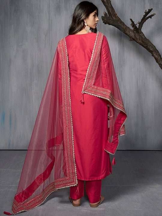 Ethnic Motifs Embroidered Zari Regular Pure Silk Kurta with Trousers & With Dupatta - Inddus.com