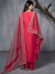 Ethnic Motifs Embroidered Zari Regular Pure Silk Kurta with Trousers & With Dupatta - Inddus.com