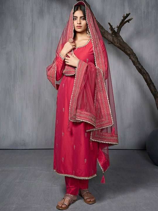 Ethnic Motifs Embroidered Zari Regular Pure Silk Kurta with Trousers & With Dupatta - Inddus.com