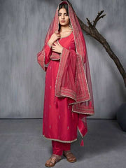 Ethnic Motifs Embroidered Zari Regular Pure Silk Kurta with Trousers & With Dupatta - Inddus.com