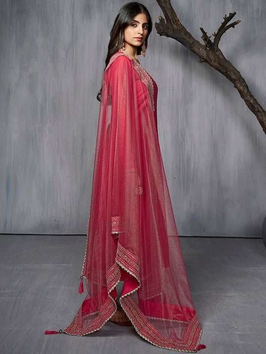 Ethnic Motifs Embroidered Zari Regular Pure Silk Kurta with Trousers & With Dupatta - Inddus.com