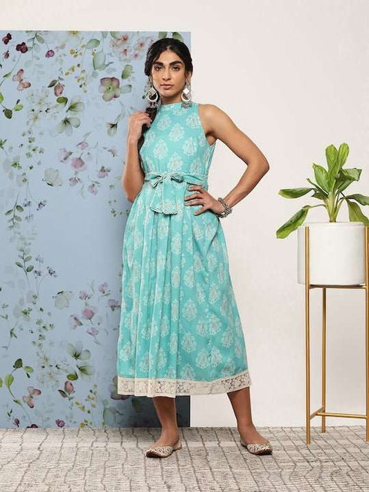 Ethnic Motifs Halter Neck Tie-Ups Midi Dress - Inddus.com