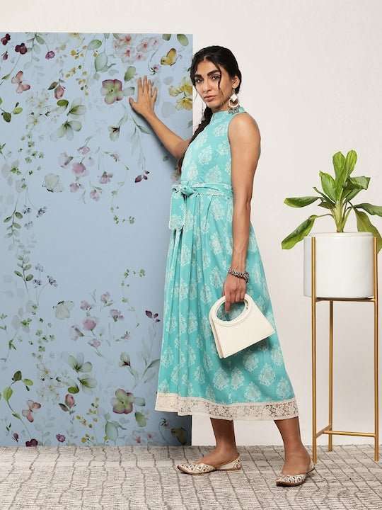 Ethnic Motifs Halter Neck Tie-Ups Midi Dress - Inddus.com