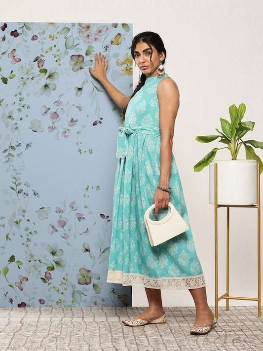 Ethnic Motifs Halter Neck Tie-Ups Midi Dress - Inddus.com