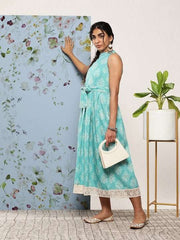 Ethnic Motifs Halter Neck Tie-Ups Midi Dress - Inddus.com