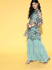 Ethnic Motifs Net Sheer Kurta Set - Inddus.com